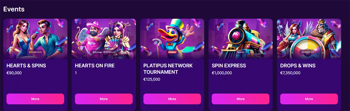 Events section showing five purple tournament cards—Hearts & Spins (€90,000), Hearts on Fire, Platipus Network Tournament (€125,000), Spin Express (€1,000,000), and Drops & Wins (€7,350,000)—each with illustrated artwork and a “More” button.
