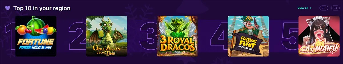 “Top 10 in your region” slot carousel with numbered tiles, showing games like Fortune Power Hold & Win, Once Again Upon a Time, 3 Royal Dracos, Fortune Flint: Back for Gold, and Cat Waifu, with a “View all” link and arrow controls.
