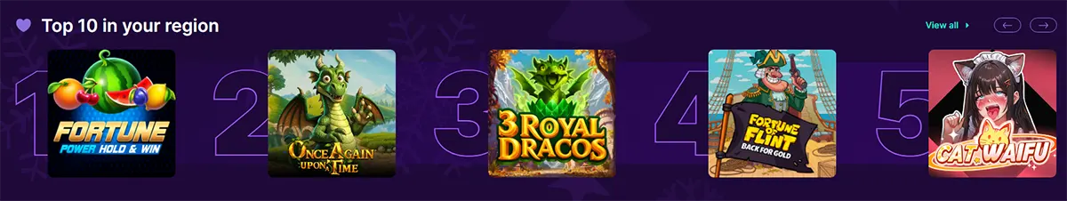 “Top 10 in your region” slot carousel with numbered tiles, showing games like Fortune Power Hold & Win, Once Again Upon a Time, 3 Royal Dracos, Fortune Flint: Back for Gold, and Cat Waifu, with a “View all” link and arrow controls.