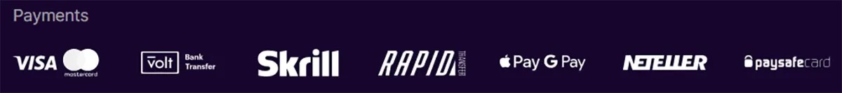 Payments bar showing logos for Visa, Mastercard, Volt bank transfer, Skrill, Rapid Transfer, Apple Pay, Google Pay, Neteller, and paysafecard on a dark purple background.
