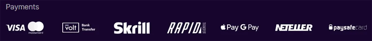 Payments bar showing logos for Visa, Mastercard, Volt bank transfer, Skrill, Rapid Transfer, Apple Pay, Google Pay, Neteller, and paysafecard on a dark purple background.