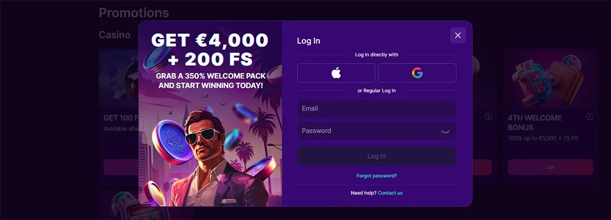 SlotRush login pop-up over the promotions page, featuring a “GET €4,000 + 200 FS” welcome offer graphic with a man in sunglasses and floating coins, alongside Apple/Google login options and email/password fields with a “Forgot password?” link.