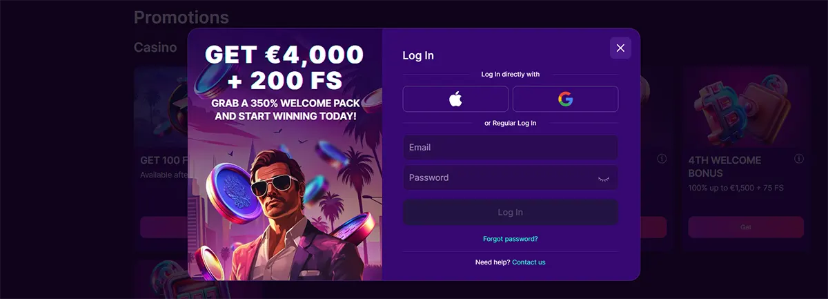 SlotRush login pop-up over the promotions page, featuring a “GET €4,000 + 200 FS” welcome offer graphic with a man in sunglasses and floating coins, alongside Apple/Google login options and email/password fields with a “Forgot password?” link.